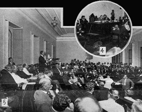 No detalhe, a mesa da sessão, presidida por Miguel Couto. Fonte: Revista da Semana, Rio de Janeiro, 15 dez. 1923, p.21